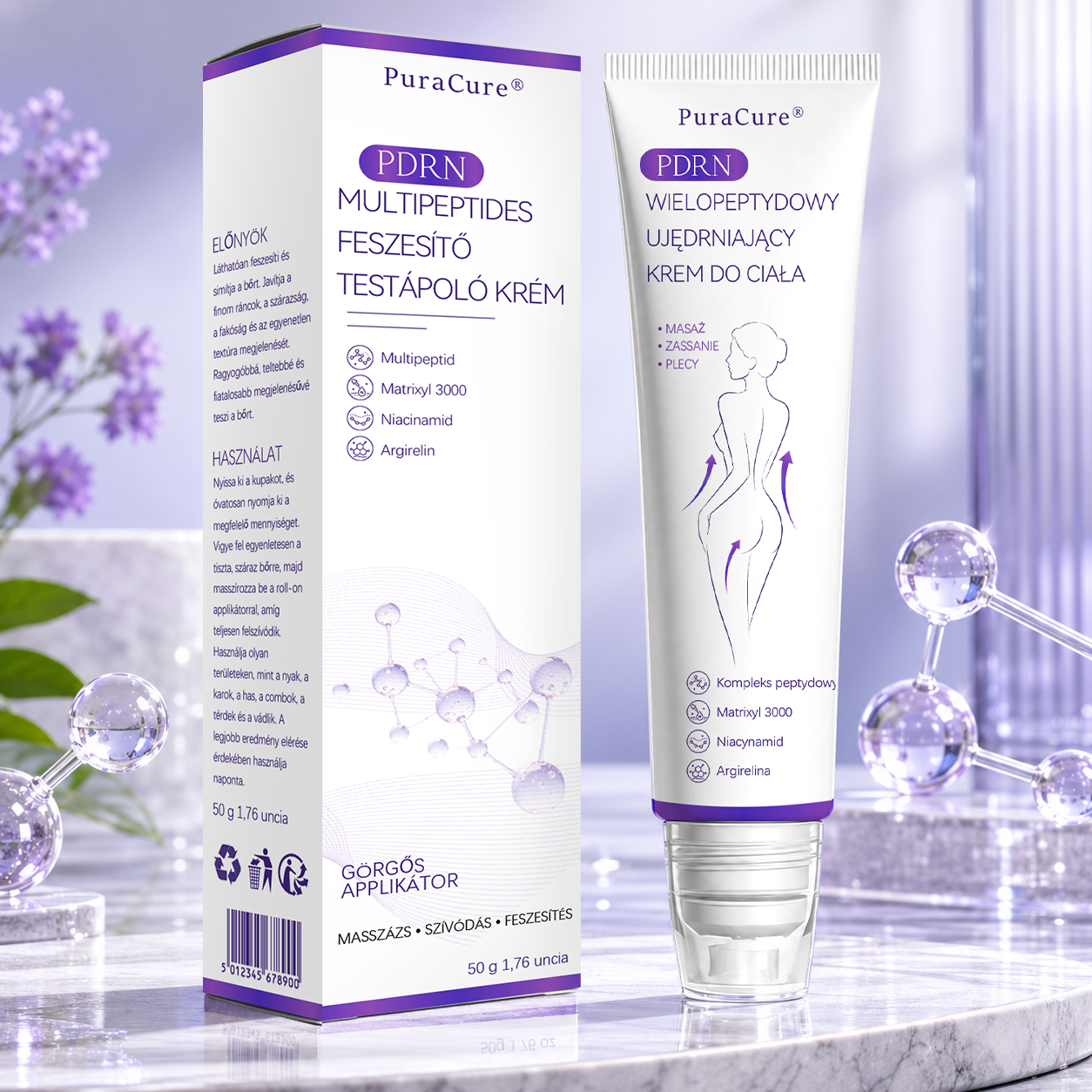 PuraCure® PDRN Multi-Peptid Masszírozó Testgörgős Krém – Öregedésgátlás, hidratálás, bőrfeszesítő és emelő hatás bőrjavítás, egyenletes bőrtónus, akne sötét foltok kezelése, szemölcsök és anyajegyek eltávolítása, valamint pikkelysömör enyhítése.