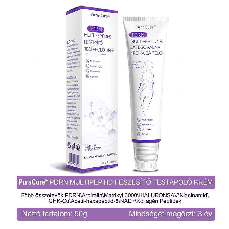 PuraCure® PDRN Multi-Peptid Masszírozó Testgörgős Krém – Öregedésgátlás, hidratálás, bőrfeszesítő és emelő hatás bőrjavítás, egyenletes bőrtónus, akne sötét foltok kezelése, szemölcsök és anyajegyek eltávolítása, valamint pikkelysömör enyhítése.