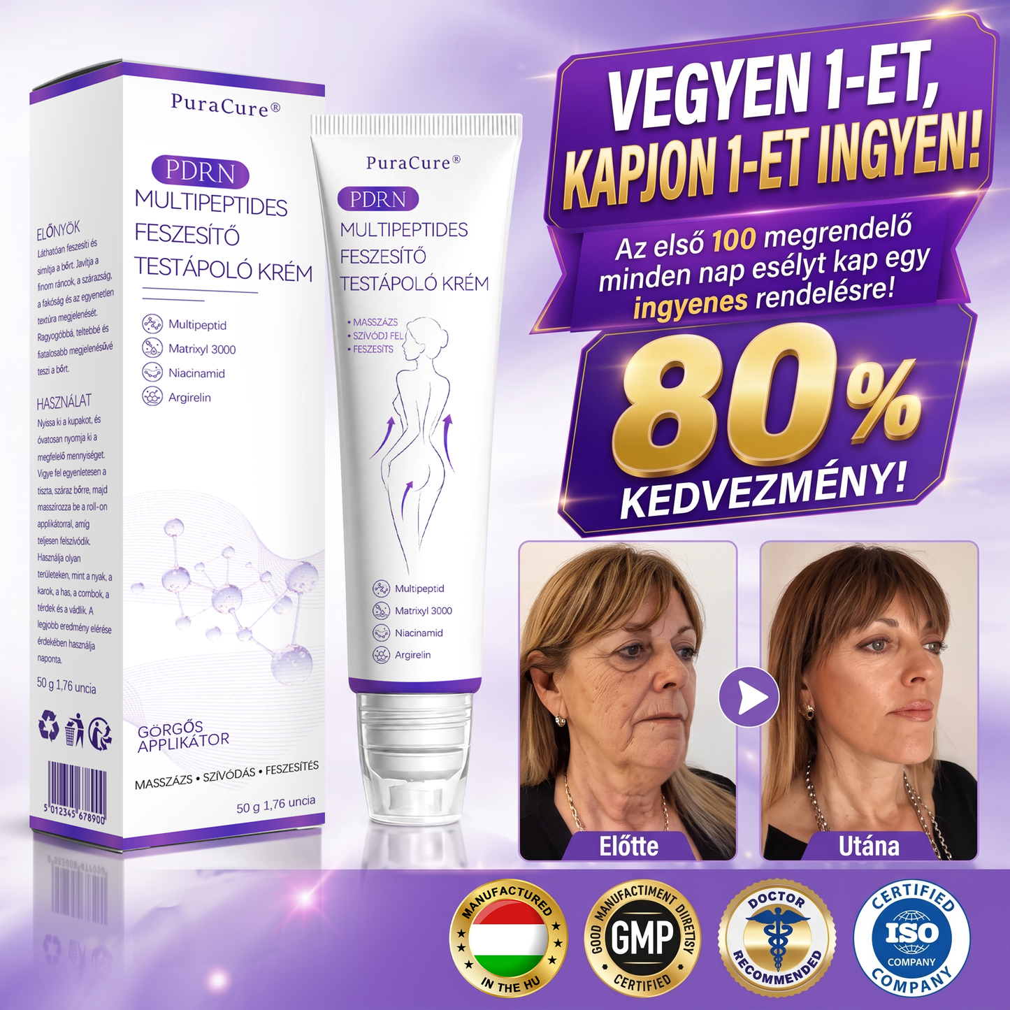 PuraCure® PDRN Multi-Peptid Masszírozó Testgörgős Krém – Öregedésgátlás, hidratálás, bőrfeszesítő és emelő hatás bőrjavítás, egyenletes bőrtónus, akne sötét foltok kezelése, szemölcsök és anyajegyek eltávolítása, valamint pikkelysömör enyhítése.