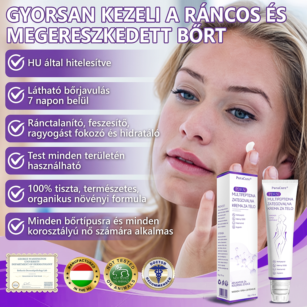 PuraCure® PDRN Multi-Peptid Masszírozó Testgörgős Krém – Öregedésgátlás, hidratálás, bőrfeszesítő és emelő hatás bőrjavítás, egyenletes bőrtónus, akne sötét foltok kezelése, szemölcsök és anyajegyek eltávolítása, valamint pikkelysömör enyhítése.