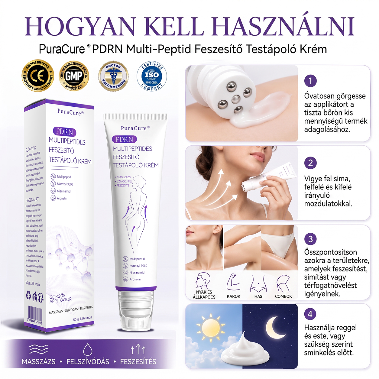 PuraCure® PDRN Multi-Peptid Masszírozó Testgörgős Krém – Öregedésgátlás, hidratálás, bőrfeszesítő és emelő hatás bőrjavítás, egyenletes bőrtónus, akne sötét foltok kezelése, szemölcsök és anyajegyek eltávolítása, valamint pikkelysömör enyhítése.