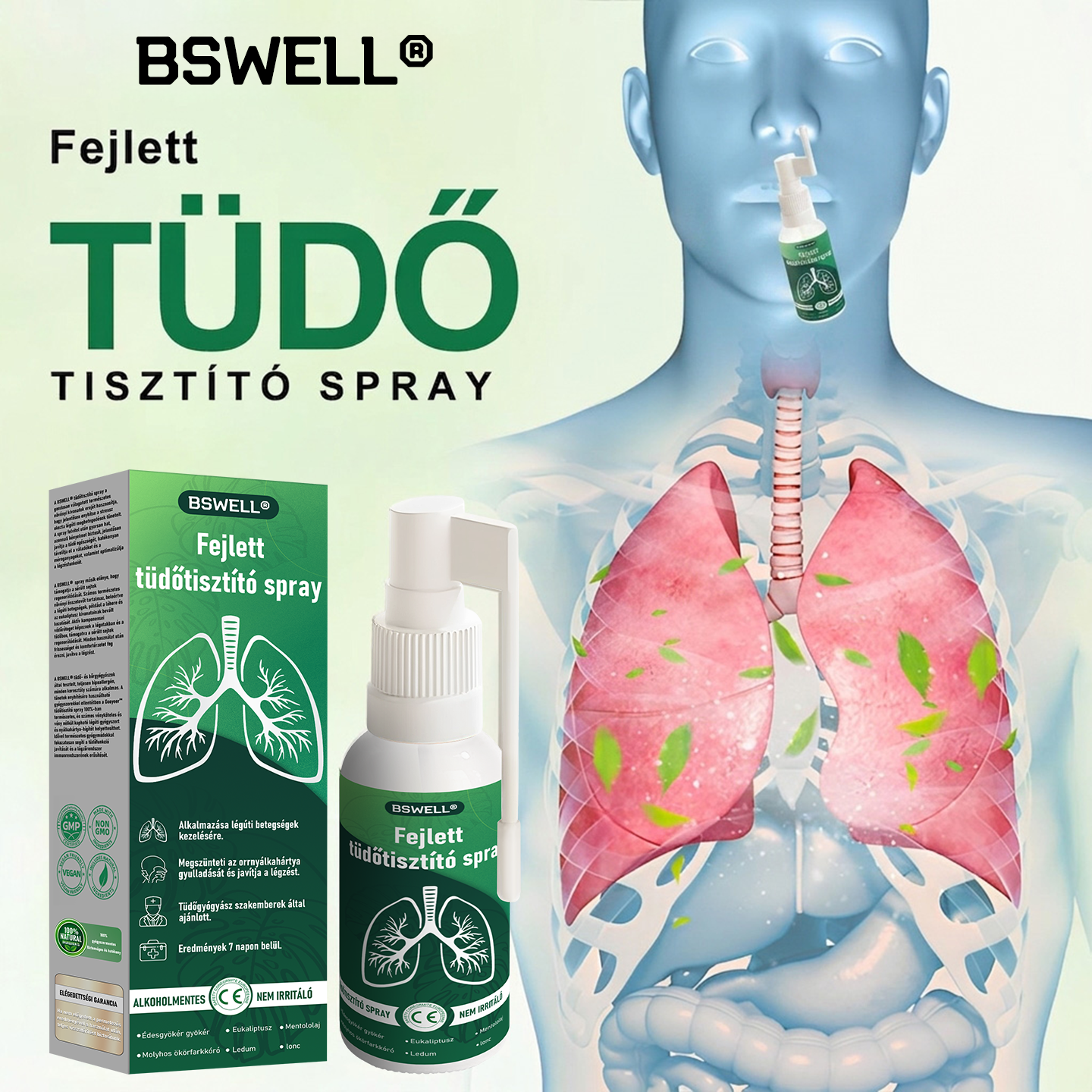 🍀BSWELL®  Fejlett Tüdőtisztító Spray -Támogatja a tüdő, a hörgők és az orrmelléküregek egészségét, elősegíti a légzőrendszer egészségét és a könnyebb légzést