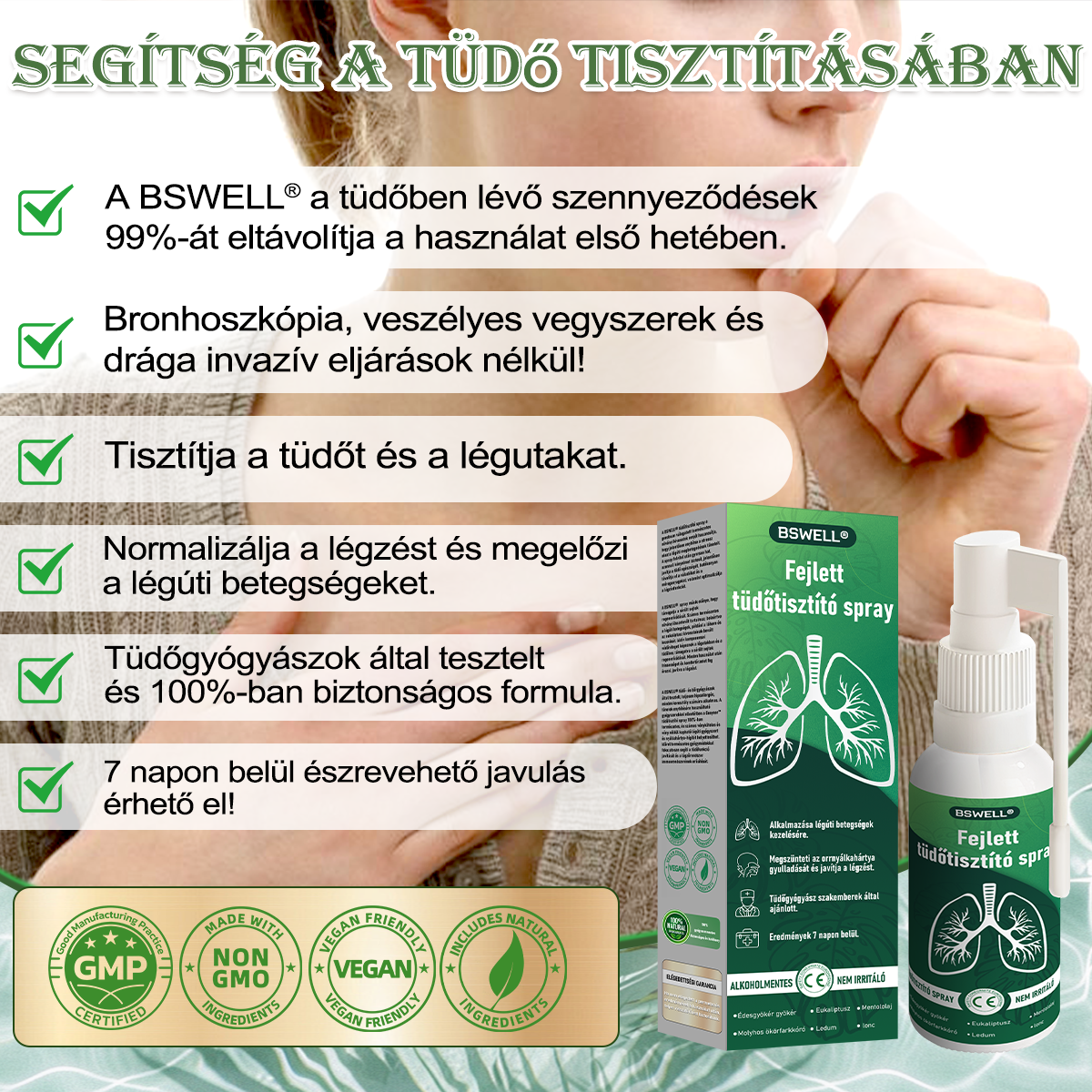 🍀BSWELL®  Fejlett Tüdőtisztító Spray -Támogatja a tüdő, a hörgők és az orrmelléküregek egészségét, elősegíti a légzőrendszer egészségét és a könnyebb légzést