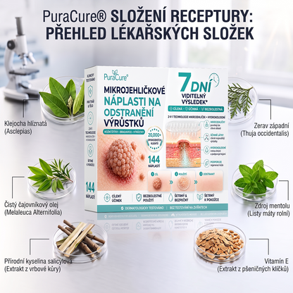 PuraCure® MIKROJEHLIČKOVÉ NÁPLASTI PRO ODSTRANĚNÍ KOŽNÍCH VÝRŮSTKŮ —— 7DENNÍ CÍLENÁ PÉČE PRO KOŽNÍ VÝRŮSTKY, BRADAVICE A VYSTOUPLÉ NEDOKONALOSTI POKOŽKY