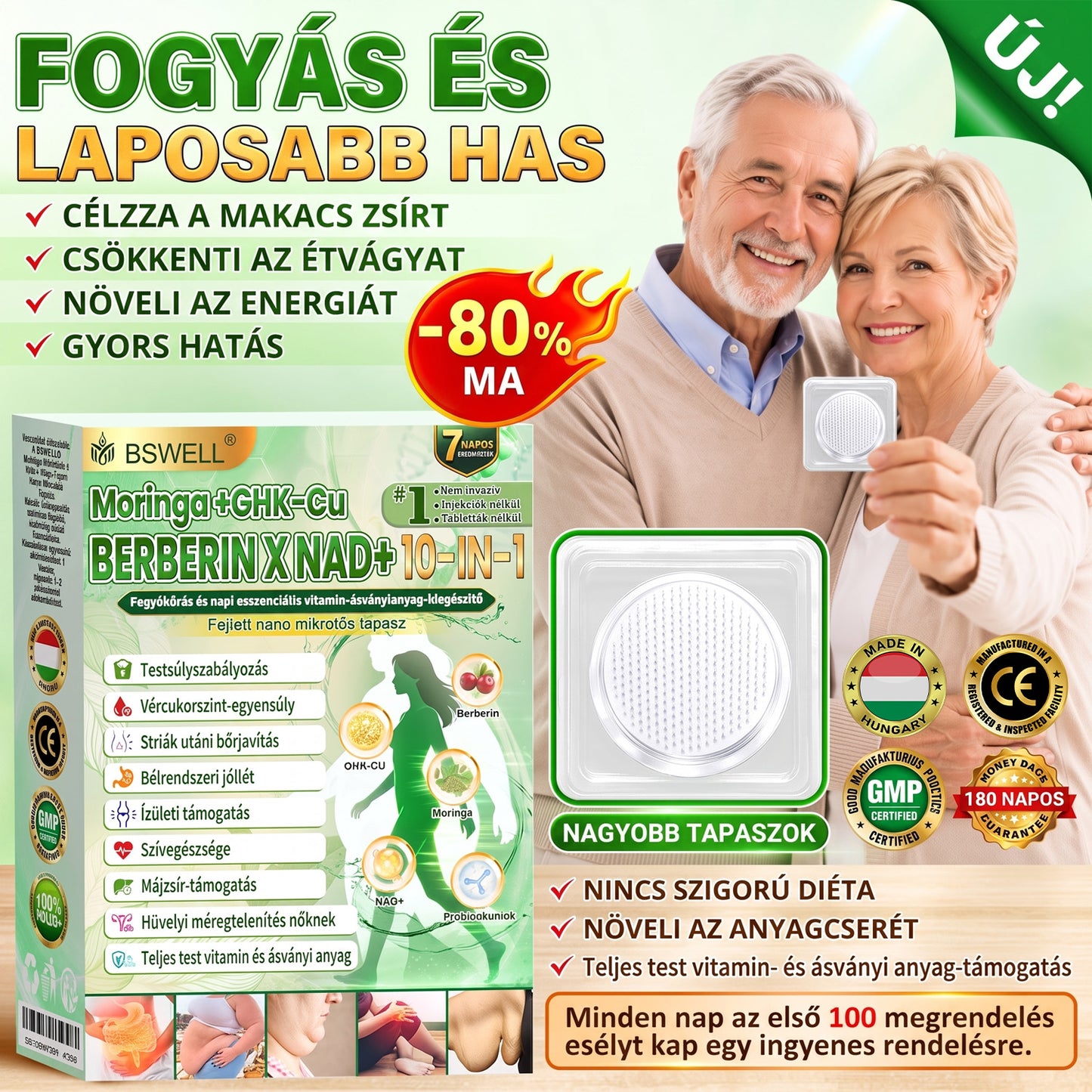 Hivatalos Áruház | Újdonság! 🍀 BSWELL® Moringa × Berberin × NAD+ 10 az 1-ben Nano Mikrotűs Tapasz (Naponta egyszer, látható változások 7 nap után) Berberin + Moringa Formula ✅ Elhízás, megereszkedett bőr, cukorbetegség, alvási apnoé, ízületi problémák